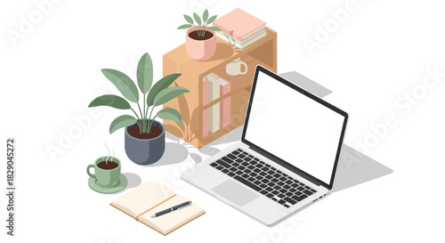 Modern workspace scene with laptop, plants, and books in isometric style