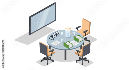Modern office meeting room with round table and chairs in isometric style
