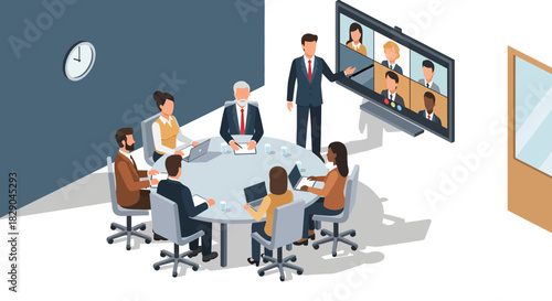 Business team in hybrid meeting with video conference setup