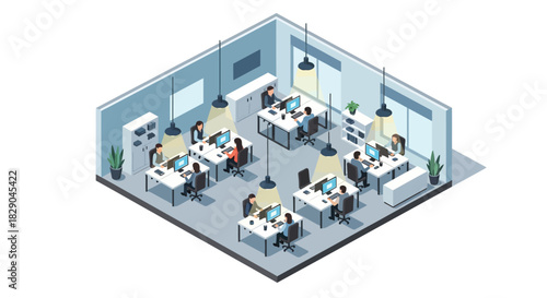 Modern office workspace isometric design with collaborative open plan layout