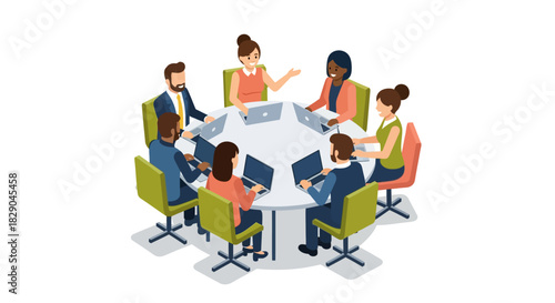 Isometric team meeting at round table with laptops and diverse team members