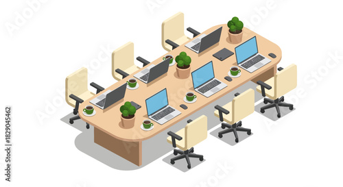Modern office workspace with computers and chairs in isometric style