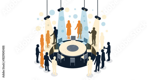 Isometric meeting concept with diverse group under spotlights around a circular table