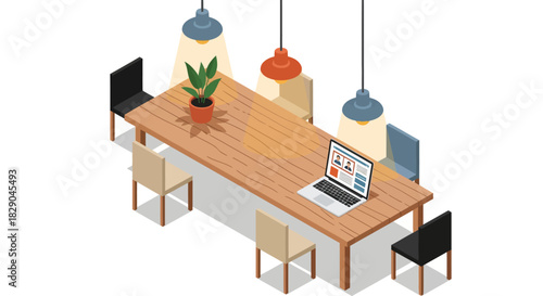 Isometric dining table with laptop and chairs in minimalist workspace