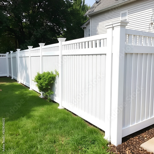 Vinyl fence installation wraps around exterior backyard. Fenced property with green lawn grass, shrubs. Residential area home improvement project. Protective property perimeter. Modern design.