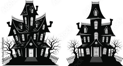Two spooky haunted houses silhouetted against a white background halloween themed
