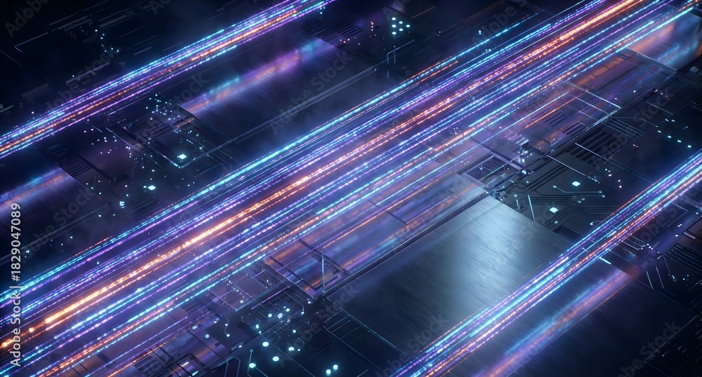 © NovaVisions - Multiple diagonal light streaks crossing the image from one corner to the opposite, each made of small glowing segments, tech motion concept.