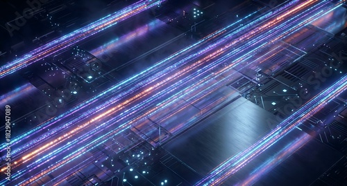 Multiple diagonal light streaks crossing the image from one corner to the opposite, each made of small glowing segments, tech motion concept.