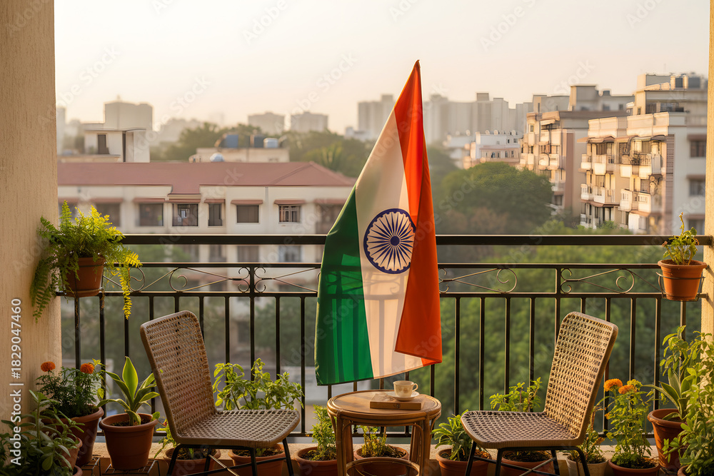Naklejka premium indian flag displayed on apartment balcony with city view at sunrise