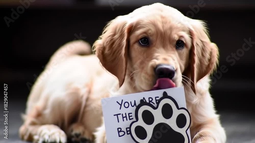 A golden retriever puppy lying down, holding a sign with text and a paw print cutout