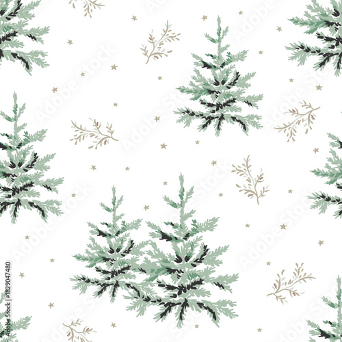 Christmas seamless pattern, fir trees, twigs, stars, white background. Vector illustration. Nature design. Season greeting. Winter xmas holidays