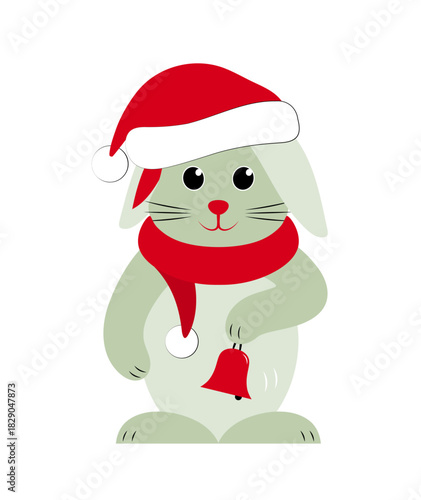 bunny with cap and scarf ringing bell isolated on white background