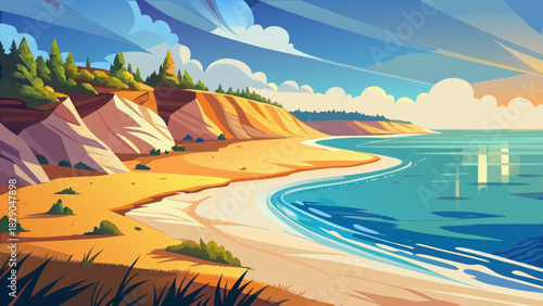 Very beautiful untouched shoreline stretches along a serene barrier island, with soft sand, gentle waves, and natural dunes glowing under warm coastal light in a peaceful, unspoiled atmosphere.