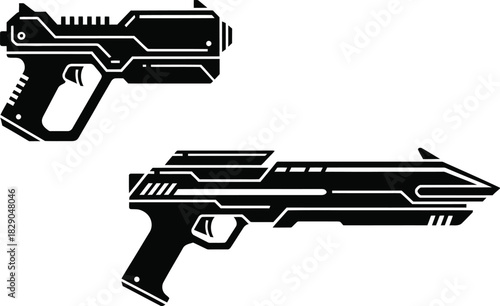 Stylized black and white illustration of two futuristic sci fi handguns