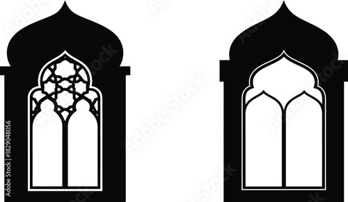Elegant black and white depiction of two ornate arched windows