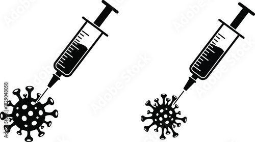 A visual representation of vaccine syringes targeting a coronavirus structure