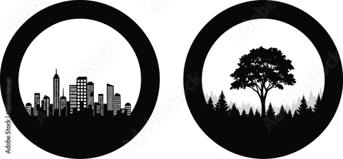 Two circular silhouettes depict a city skyline and a lush forest scene