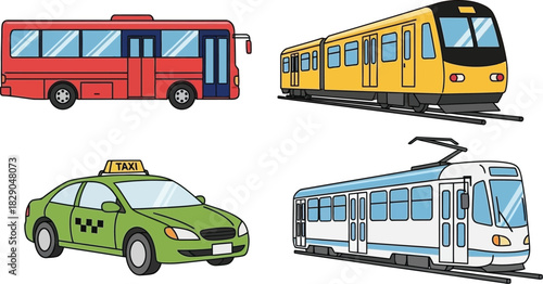 Colorful illustration depicting a bus train taxi and tram vehicles