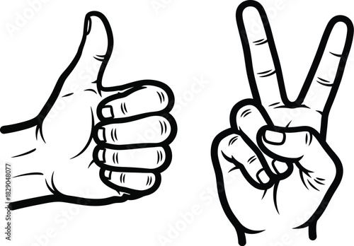 Two hands displaying a thumbs up and peace sign in black and white