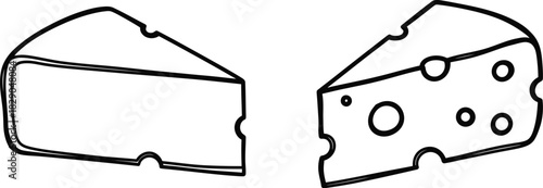 Simple black and white illustration featuring two pieces of swiss cheese