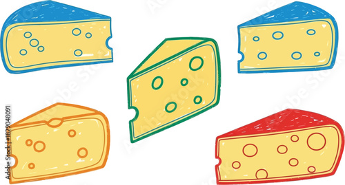 Colorful hand drawn illustration of various cheese wedges with holes