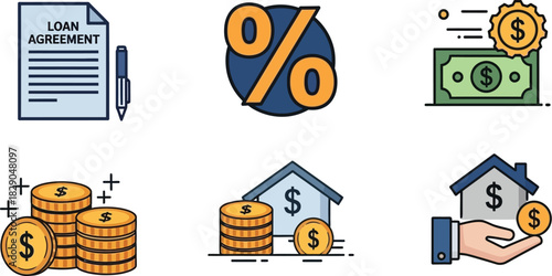 Financial icons representing loans investments property and money management concepts
