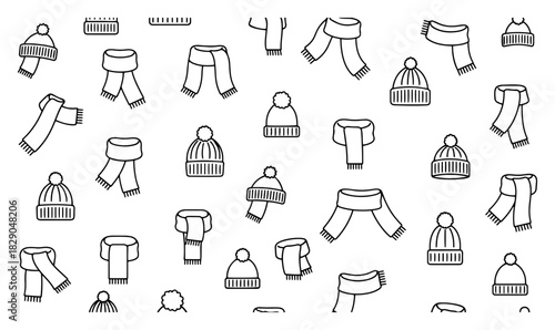 Seamless pattern of winter fashion accessories featuring outline scarfs and knitted beanie hats vector illustration