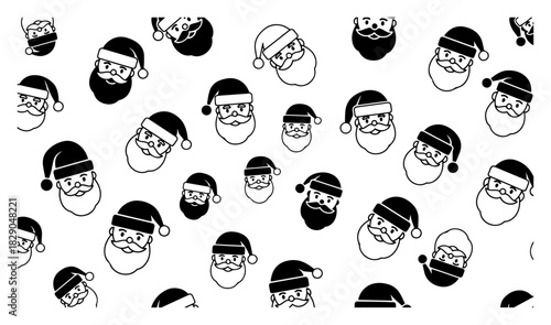 Christmas seamless pattern background featuring scattered Santa Claus heads in silhouette and outline style