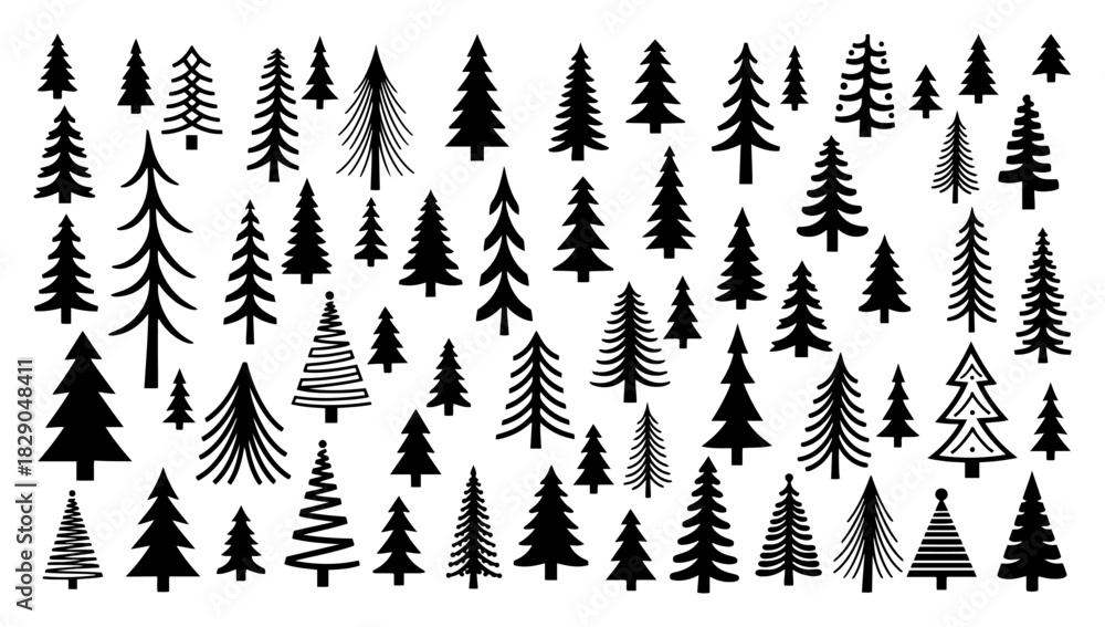 Fototapeta premium Christmas pine tree forest silhouette vector pattern collection black and white winter nature fir trees background