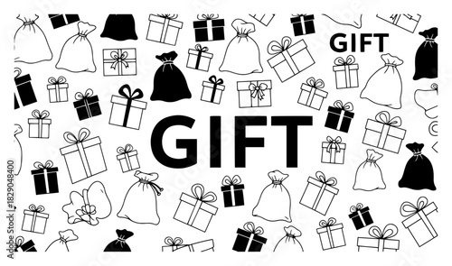 Christmas gift box and Santa sack vector pattern with text background black and white holiday present illustration