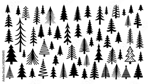 Christmas pine tree forest silhouette vector pattern collection black and white winter nature fir trees background