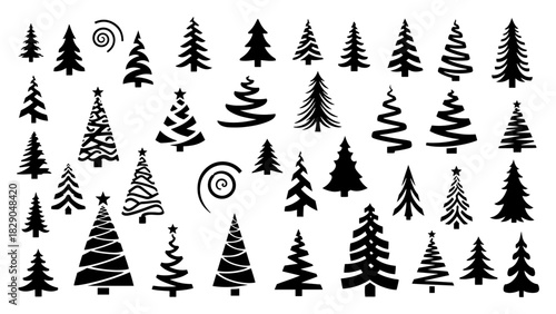 Stylized Christmas tree vector illustration set with star topper black and white abstract winter holiday fir pattern