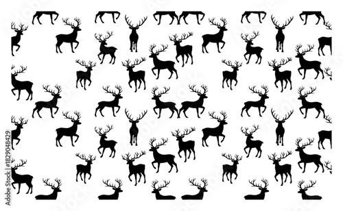 Black and white seamless pattern featuring silhouettes of wild deer and reindeer with antlers vector illustration for rustic nature background