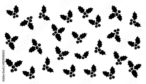 Decorative black and white seamless pattern with holly leaves and berries vector illustration for traditional Christmas floral wrapping paper