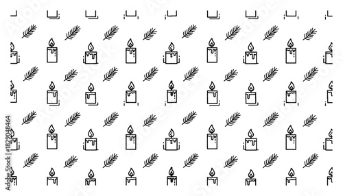 Christmas seamless pattern with burning candles and pine branches black and white vector background for advent or holiday design