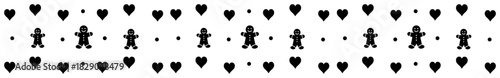 Seamless Christmas border with gingerbread men and hearts black and white vector ribbon with holiday cookies and love symbols