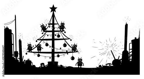 War Torn City Christmas Tree Silhouette Concept Vector Illustration with Rubble and Fireworks Isolated on White