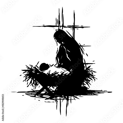 Virgin Mary and Baby Jesus Nativity Silhouette Sketch with Cross Vector Illustration Isolated on White