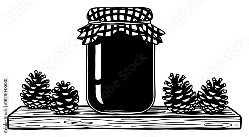 Glass jar with fabric lid on wooden shelf with pine cones vector illustration black and white rustic winter food sketch
