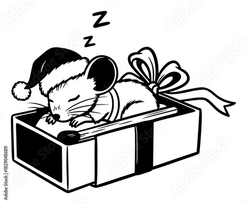 Cute little mouse wearing a Santa hat sleeping inside a matchbox gift with a ribbon bow black and white vector illustration