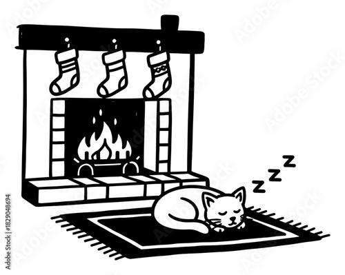 Cozy Christmas fireplace scene with hanging stockings and a cat sleeping on the rug in front of the fire black and white vector illustration