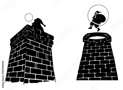 Set of brick chimney silhouettes with Santa Claus climbing in and jumping out on the roof vector illustration for Christmas design