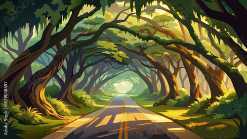 Very beautiful arching live oaks draped with soft Spanish moss create a shaded historic roadway, forming a peaceful natural tunnel with warm light filtering through the lush forest canopy.