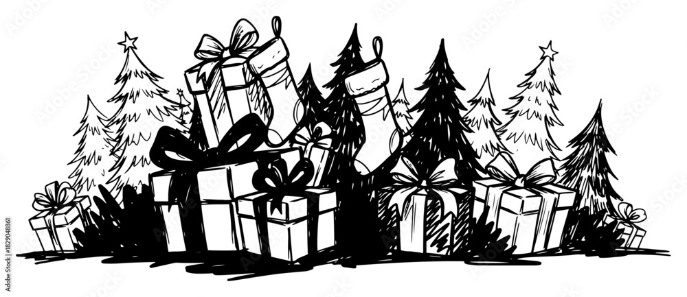 Obraz premium Hand drawn Christmas gift pile with trees and stockings vector illustration black and white holiday present sketch