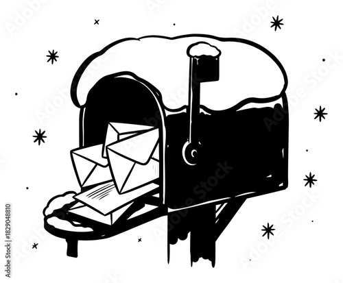 Open mailbox stuffed with pile of letters and covered in snow black and white vector illustration for Santa mail concept