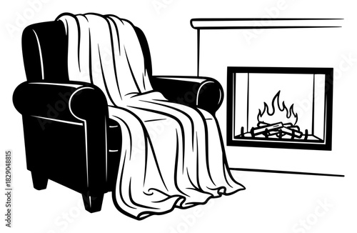 Cozy living room scene with armchair and warm blanket near fireplace black and white vector illustration of winter home interior