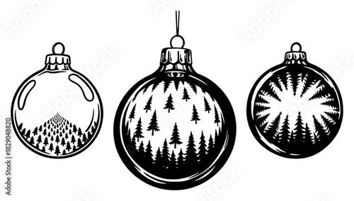 Set of Christmas tree baubles with pine forest reflection inside black and white vector illustration of glass ornaments with nature landscape