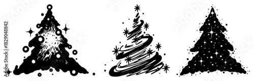Abstract Christmas tree silhouette vector set with swirl and star designs black and white holiday icon collection