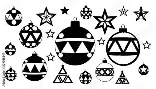 Christmas bauble and star vector decoration set with geometric patterns black and white holiday ornament collection