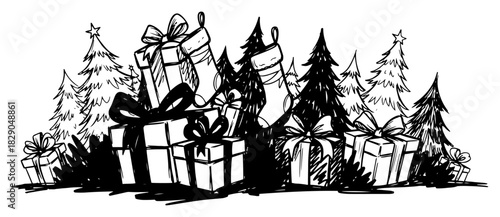 Hand drawn Christmas gift pile with trees and stockings vector illustration black and white holiday present sketch